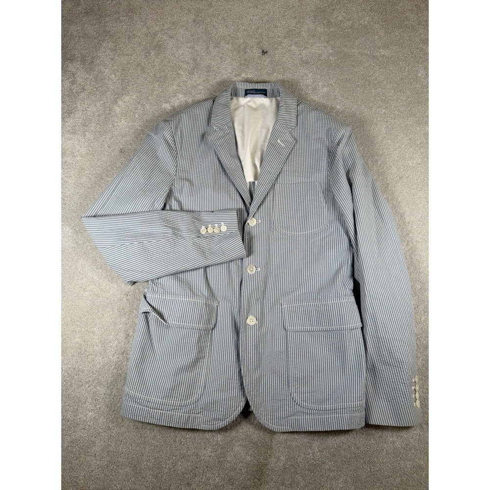 Polo Ralph Lauren Seersucker Sport Coat Blazer Blue White Stripe 44R Custom NWT